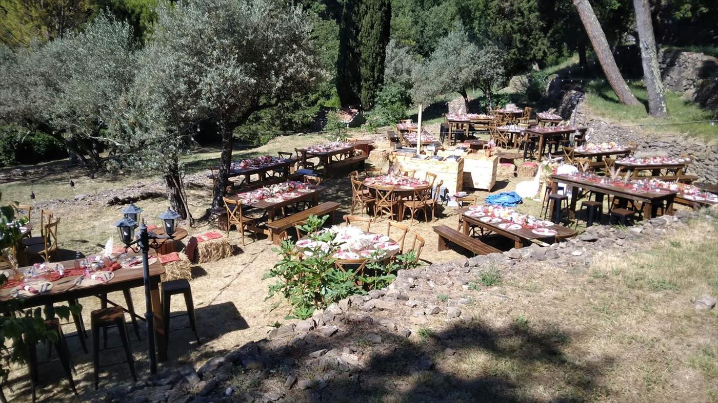 Repas champêtre servi sous les arbres, tables et bancs de bois